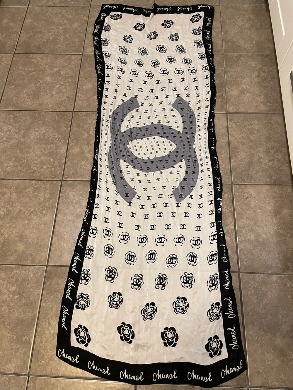 CHANEL Black and White Logo Camellia Scarf